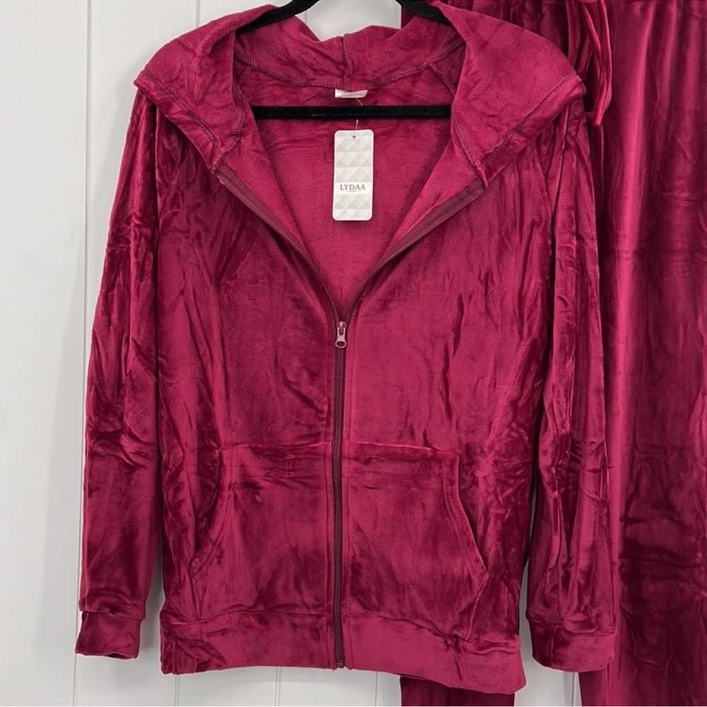 🆕Velvet Soft Burgundy Zip Sweatsuit Set HoodedJacket W/Pockets Size Large - Picture 3 of 9